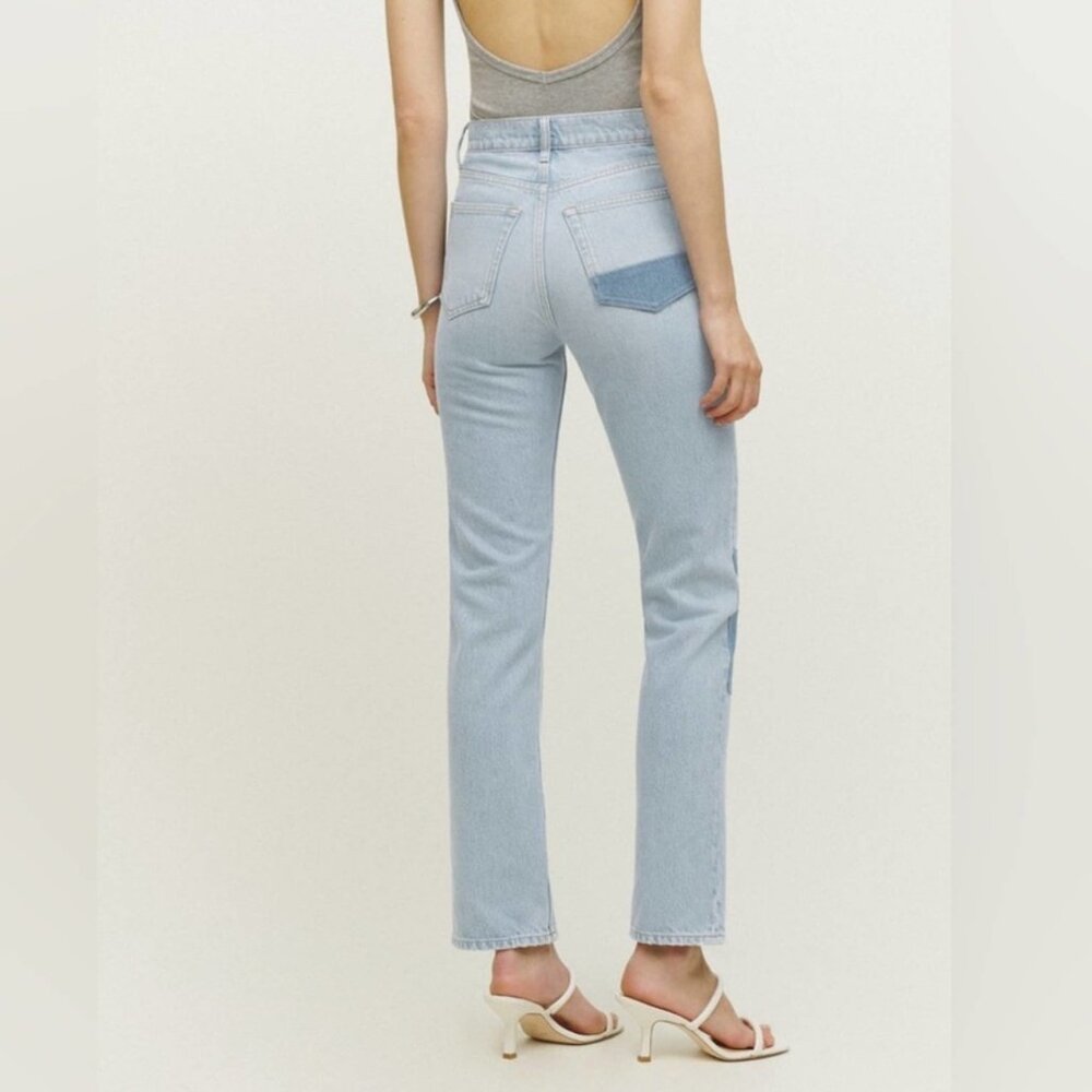 Reformation Cynthia High Rise Straight Leg Patch Jeans Tahoe Light Wash 26 - Picture 3 of 16